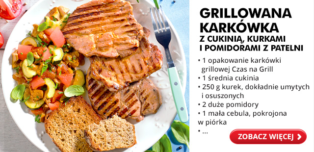 Grillowana karkówka z cukinią, kurkami i pomidorami z patelni